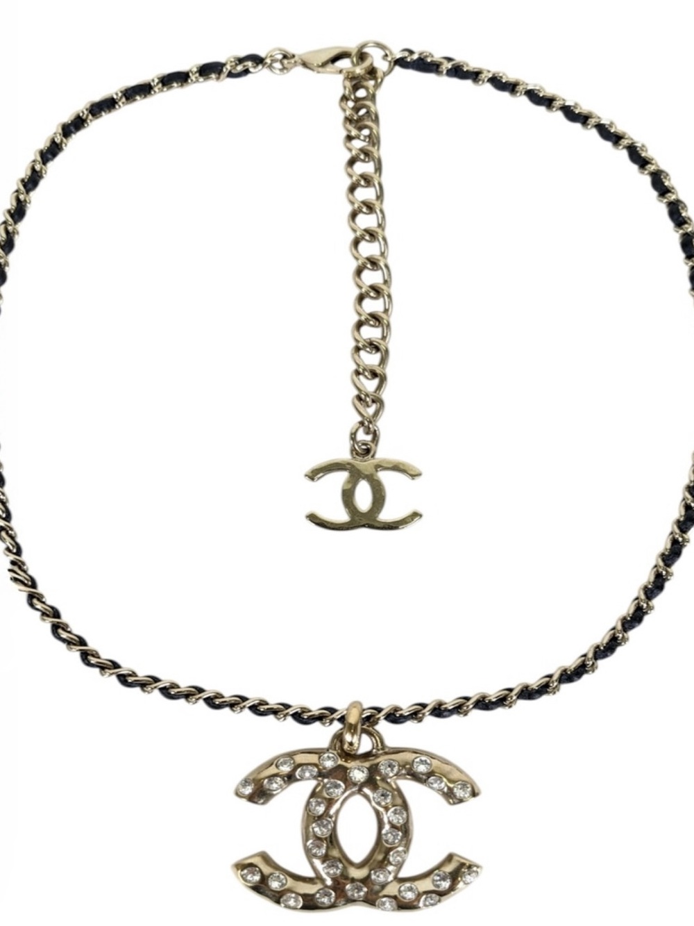 CHANEL Gold-Tone Crystal CC Logo Necklace with Black Leather-Trim Chain - Picture 2 of 4